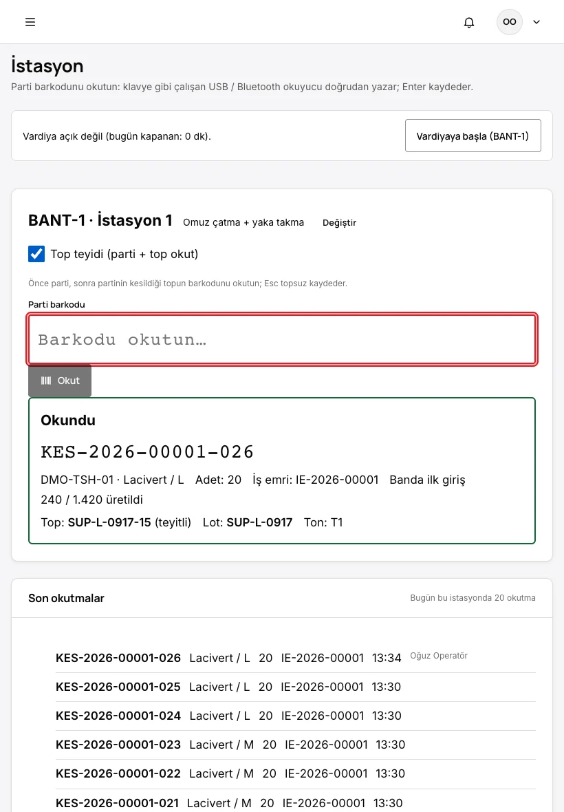 Tablet istasyon ekranı: okutulan parti, lotu, tonu ve iş emrindeki yeri.